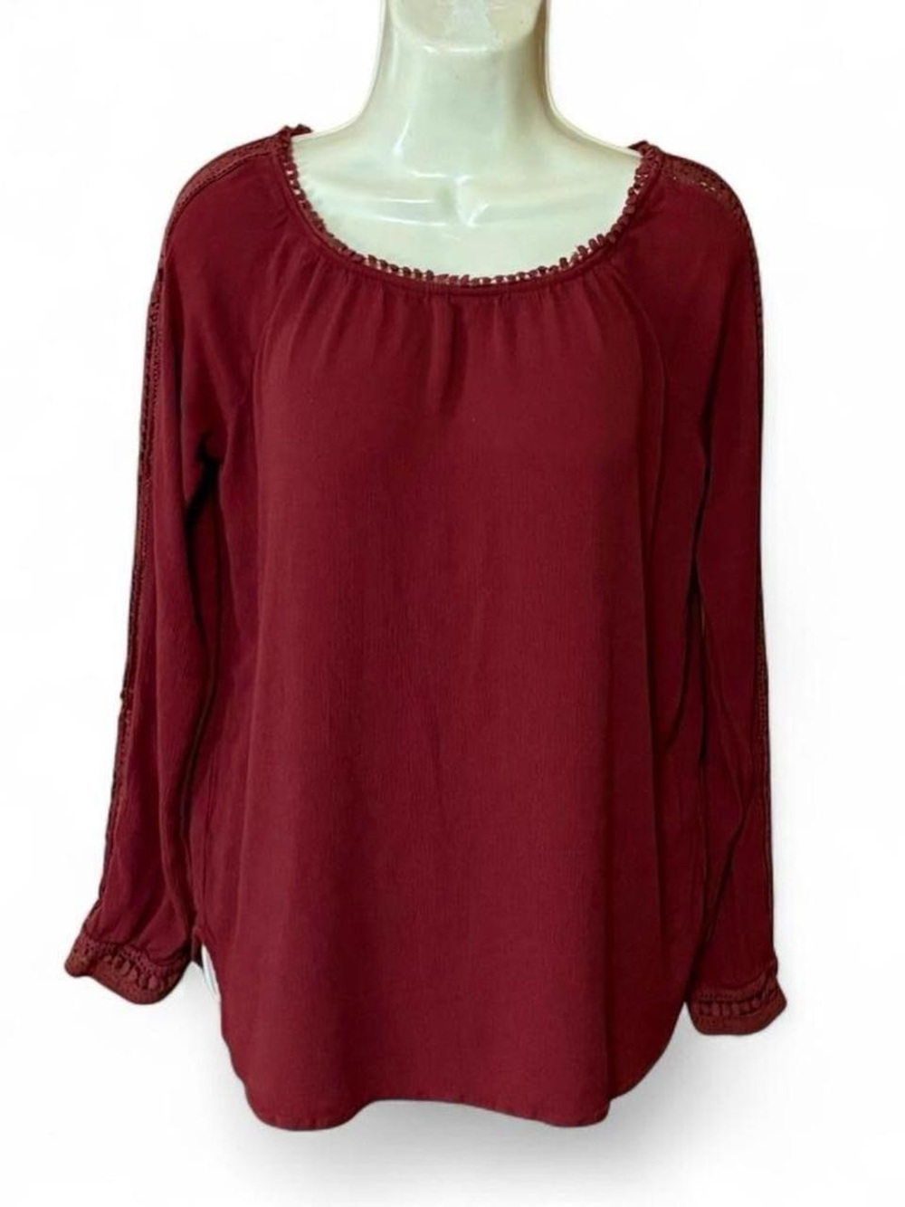 Knox Rose Burgundy Boho Blouse Long Sleeve Rayon Relaxed Fit Top XS